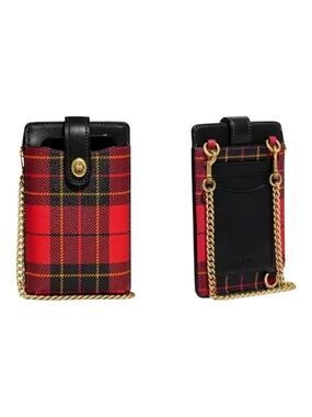 COACH PHONE CROSSBODY PURSE PLAID PRINT TURNLOCK CHAIN IN RED MULTI